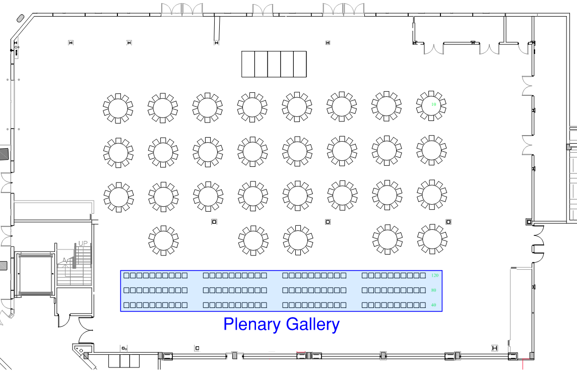 Floor plan for plenary sessions featuring seating arrangement for attendees not availing meals, situated at the back of the room.